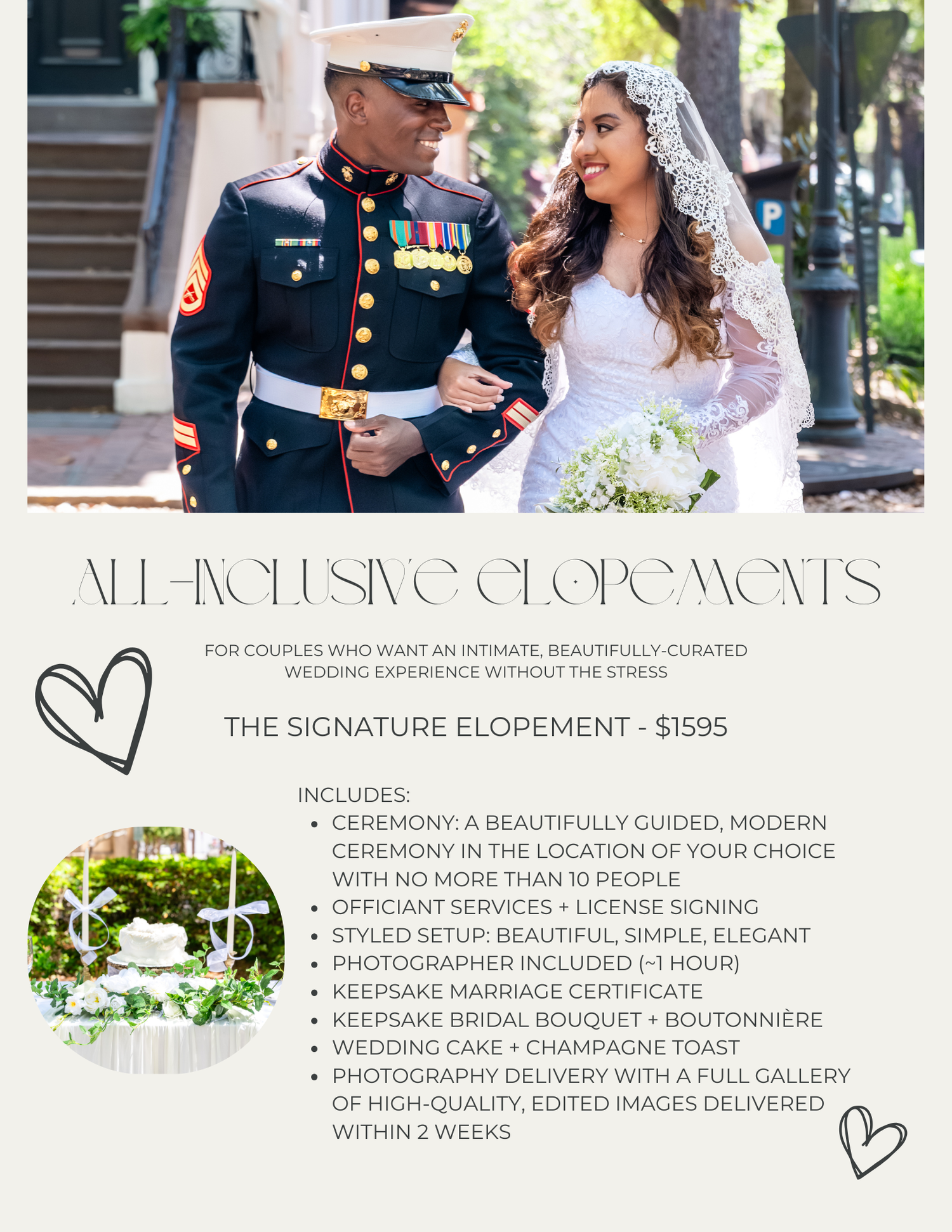 All-inclusive elopement package flyer showing couple in formal attire with pricing and details.