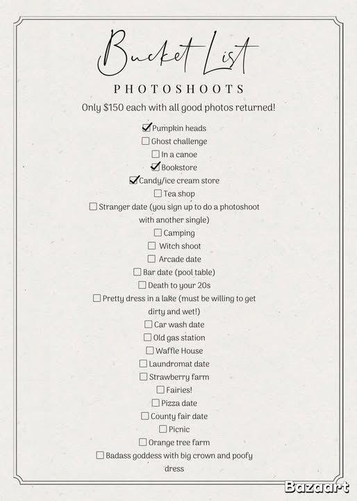 A handwritten bucket list checklist featuring various activities and photoshoot locations with checkboxes.