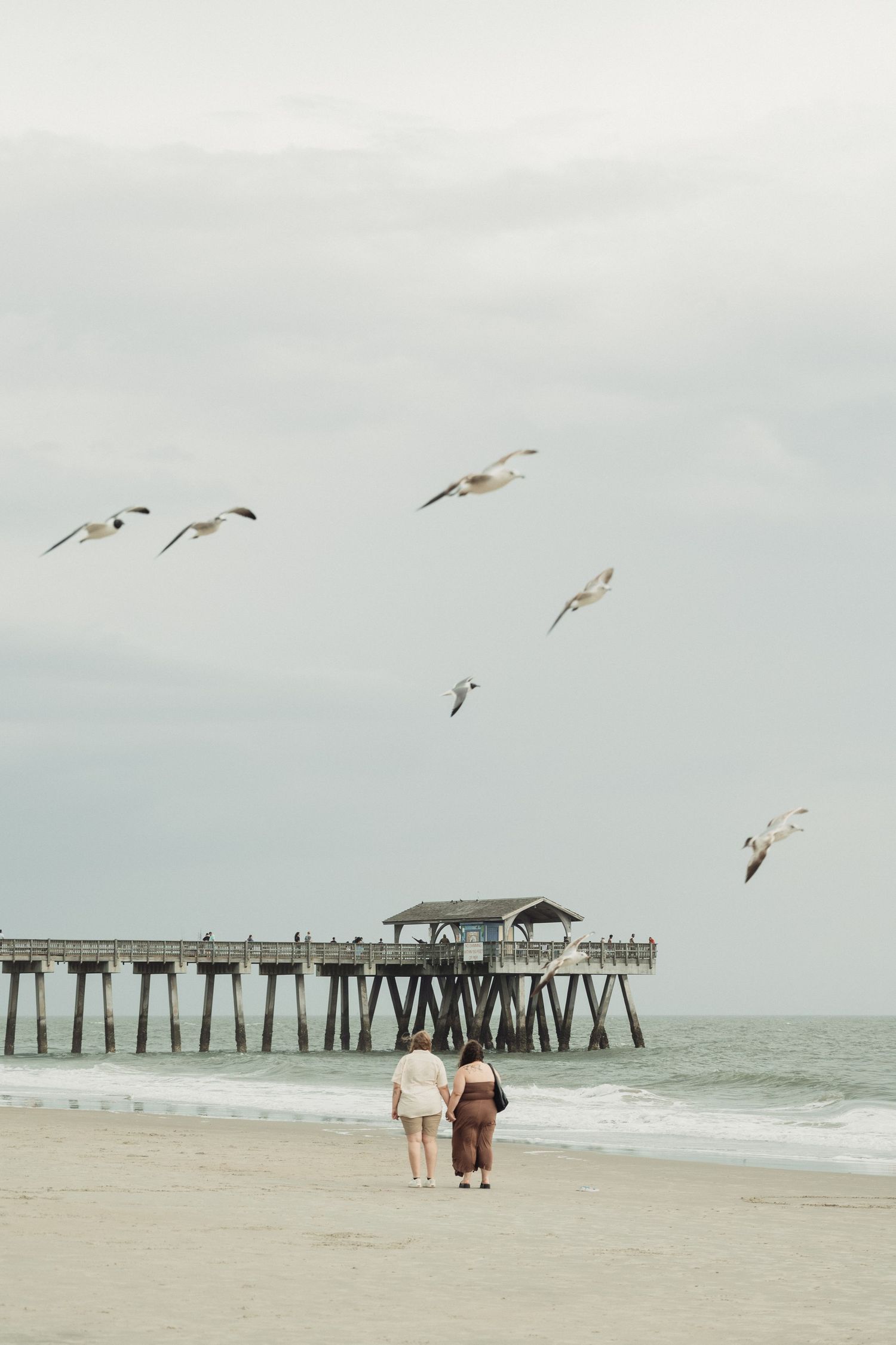 Two women walking hand in hand on a beach with seagulls flying overhead near a wooden pier.