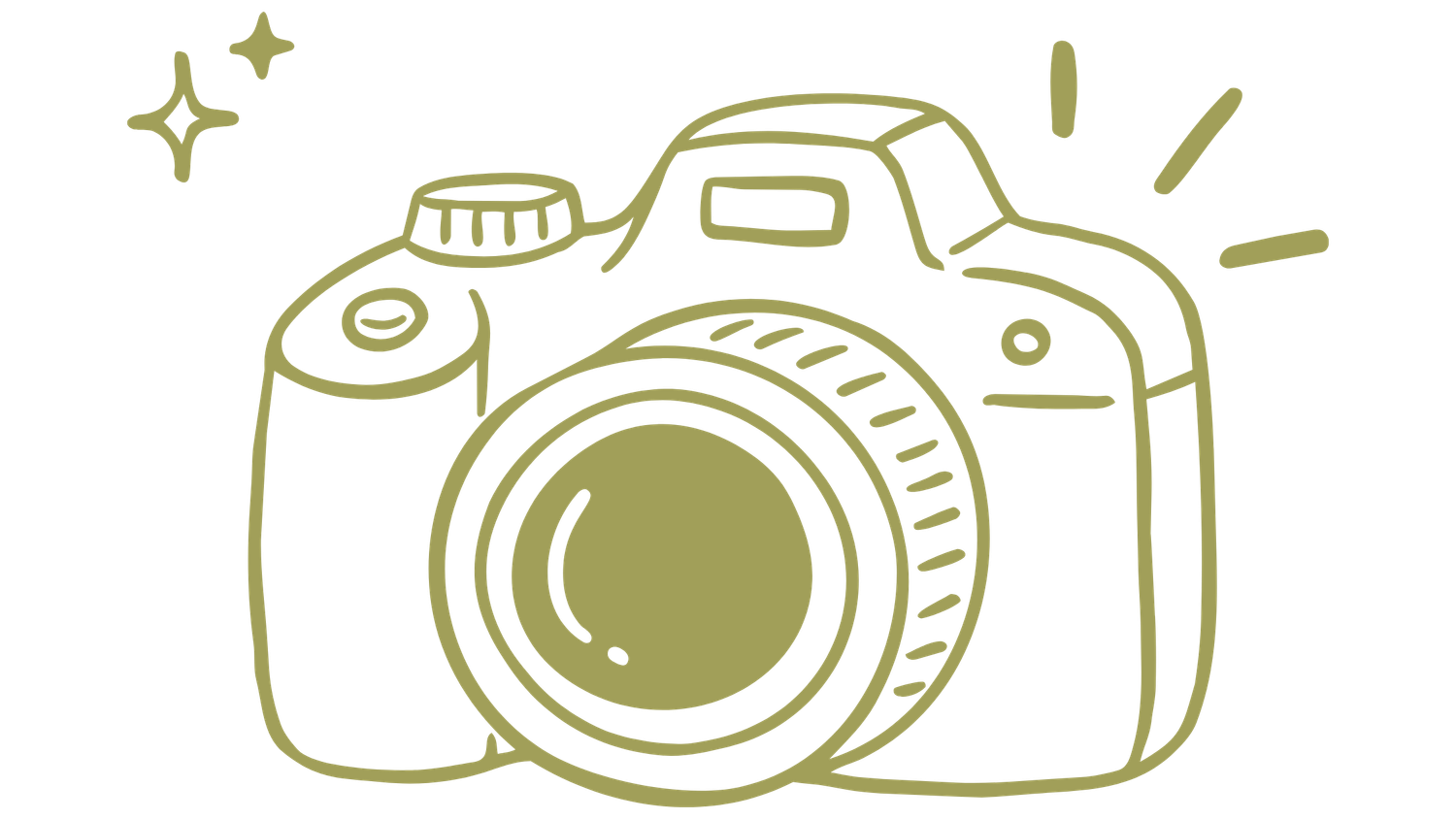 An olive green outline illustration of a DSLR camera with sparkles on a white background.