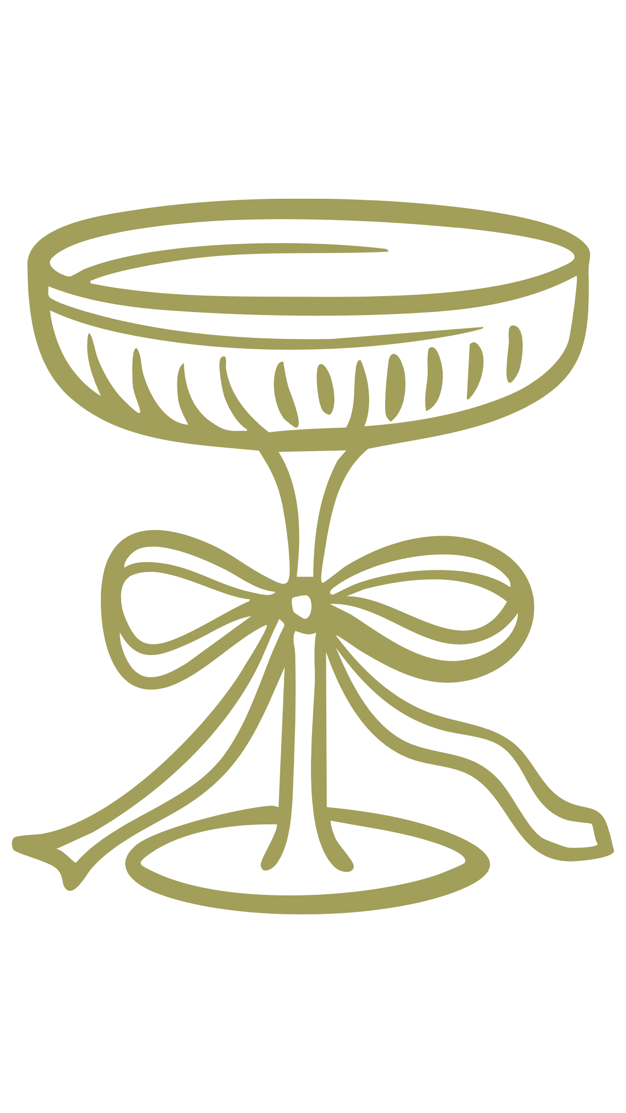 Elegant olive green line drawing of a champagne coupe glass adorned with a decorative ribbon bow.