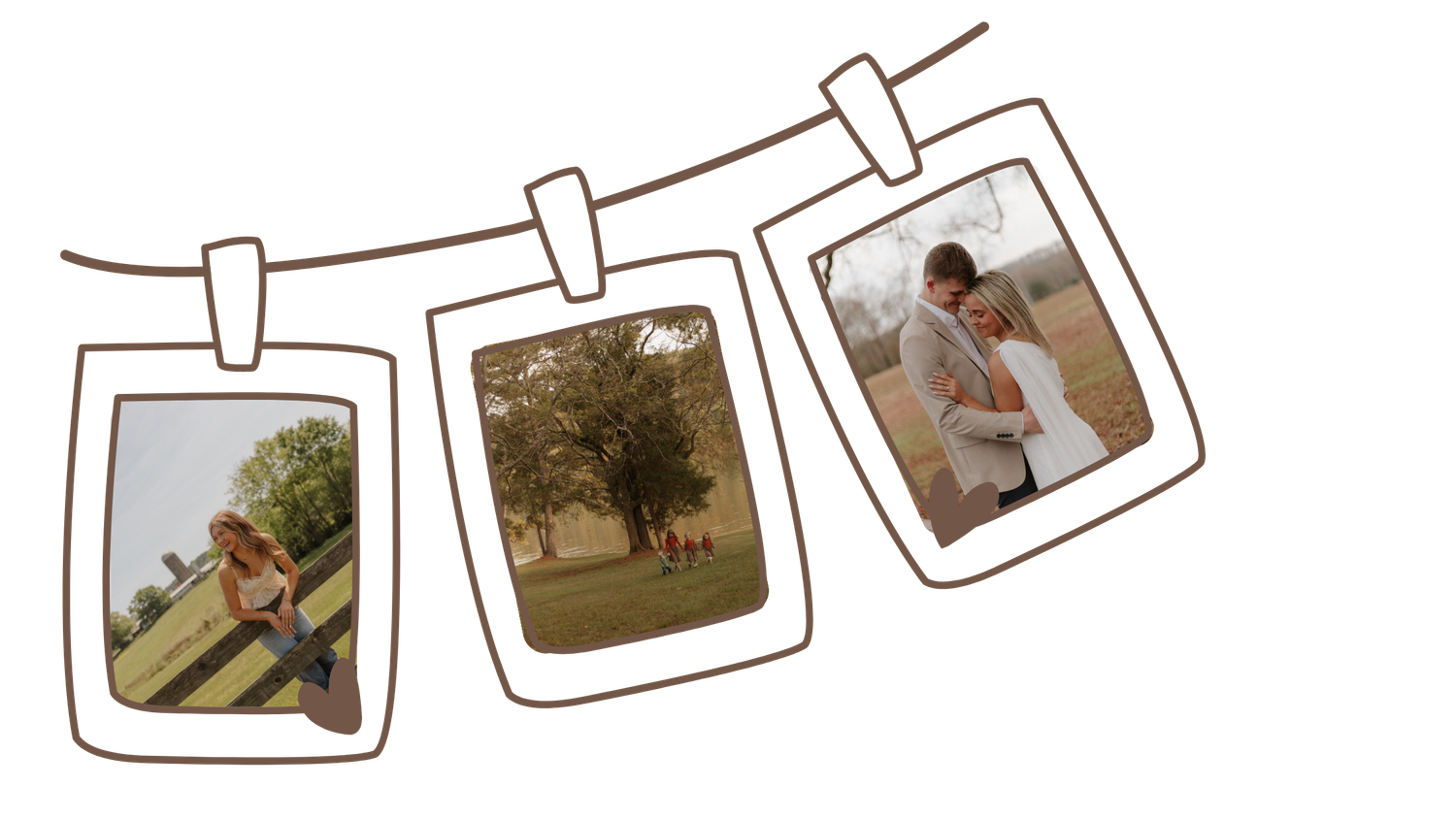 Photos displayed on a hand-drawn clothesline with wooden clips.