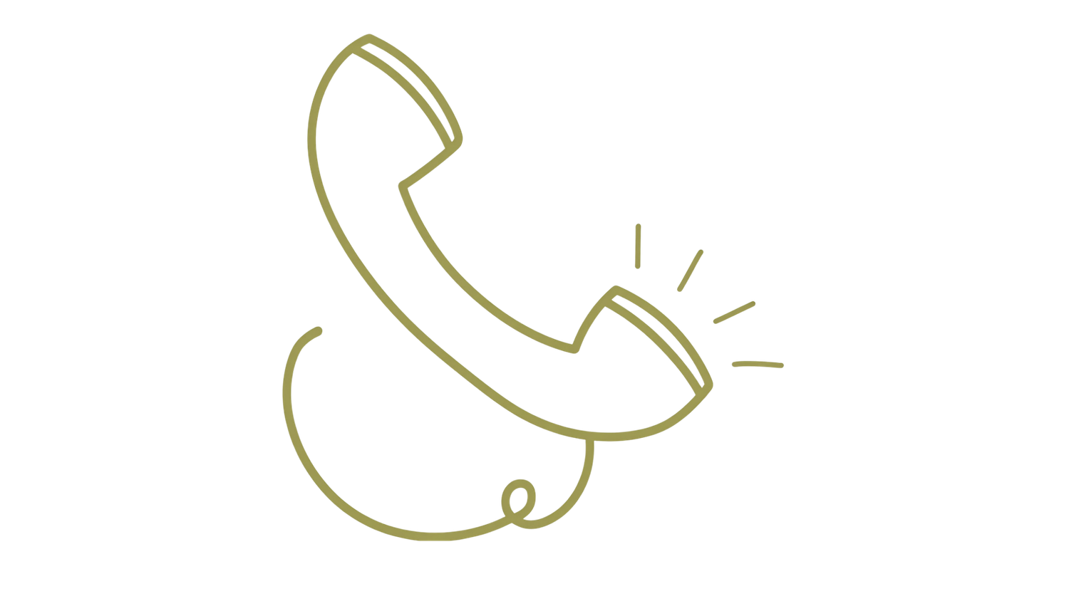 Olive green line art illustration of a ringing telephone on white background.