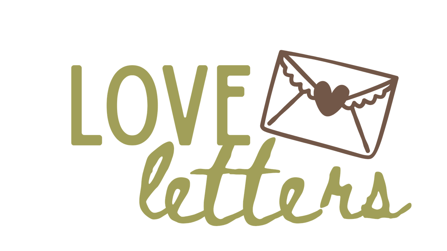 Love letters logo with envelope and heart icon in olive green and brown colors.