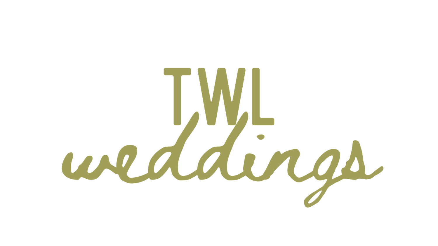 TWL Weddings logo in olive green serif and cursive script typography on white background.