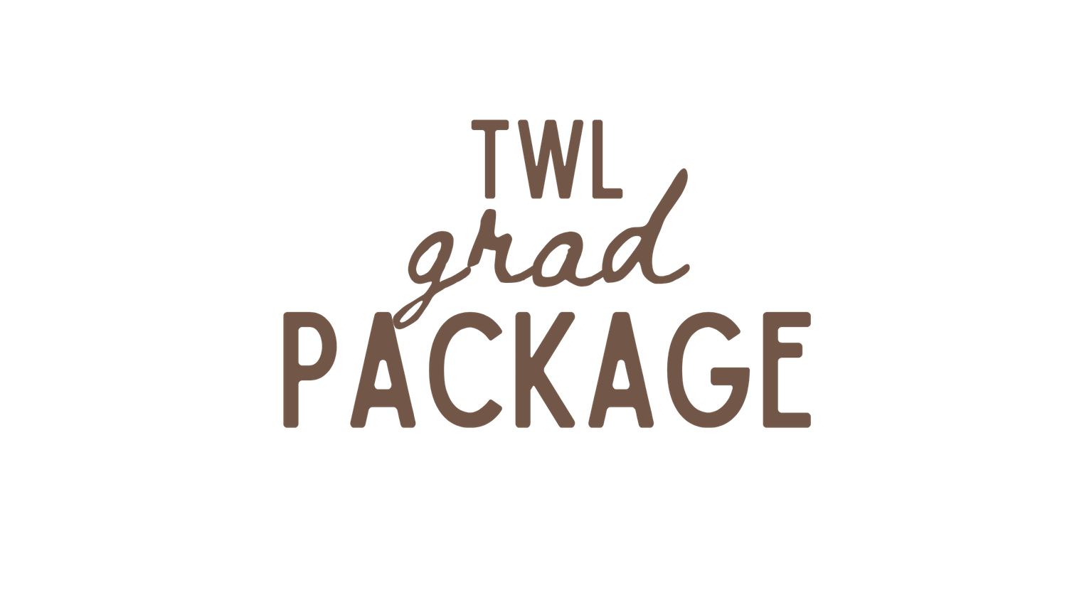 TWL Grad Package logo in brown script and bold uppercase serif typography.