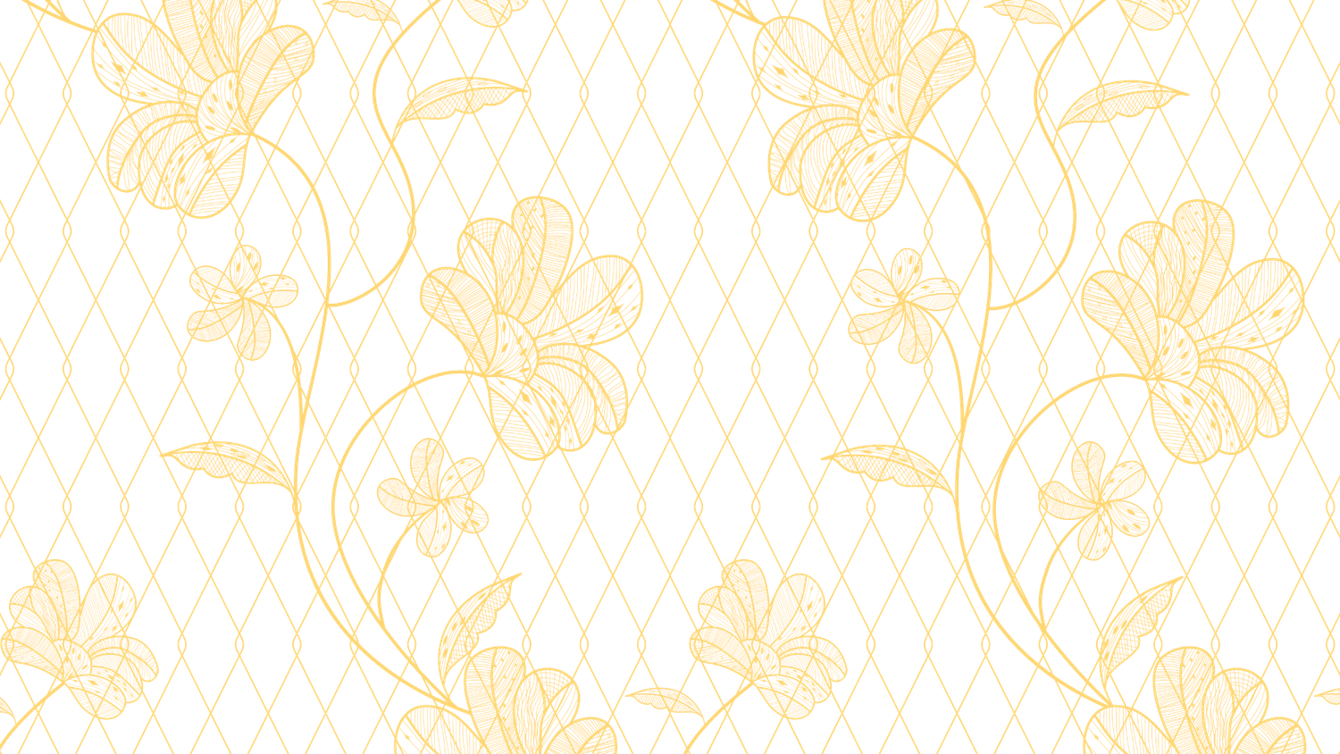 A seamless golden floral pattern with outlined flowers and diamond lattice on cream background.