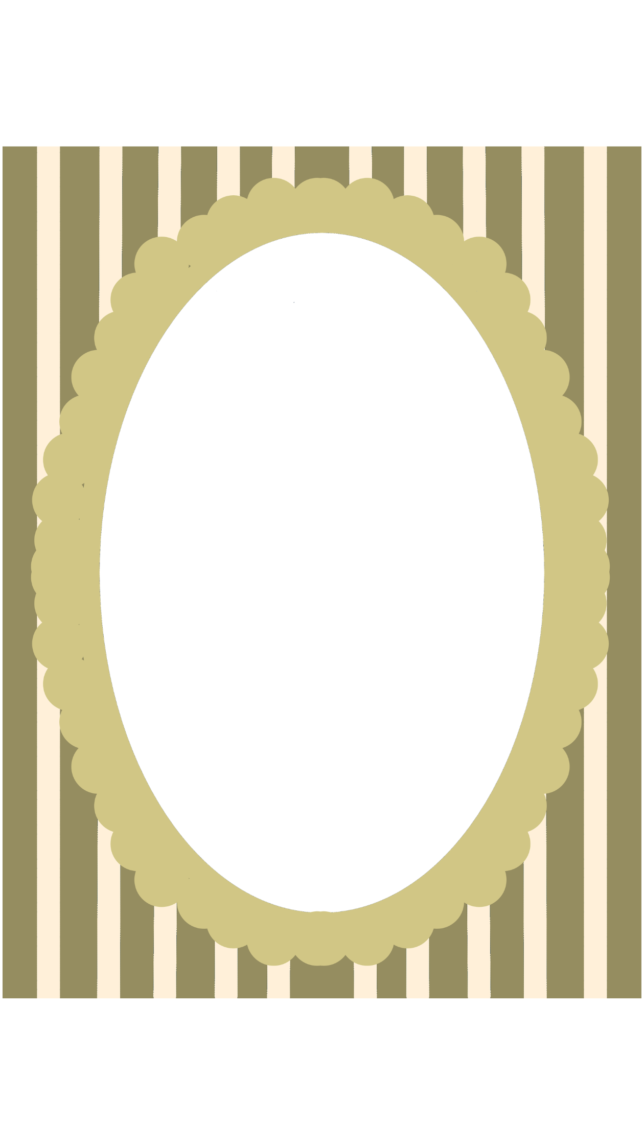 Decorative gold scalloped oval frame on olive green striped background.