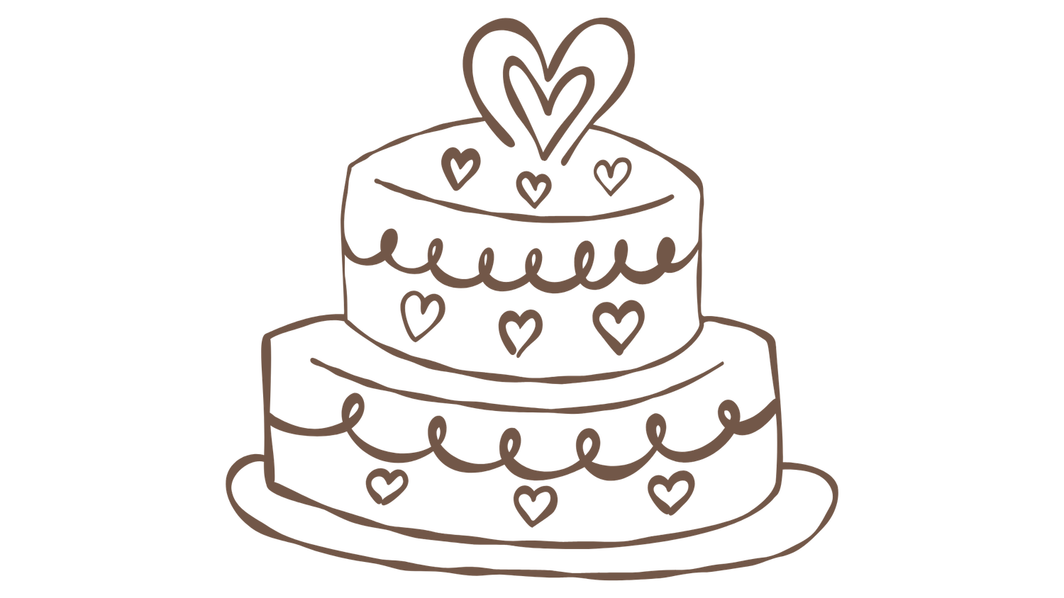 Cute hand-drawn outline illustration of a two-tiered wedding cake decorated with hearts.