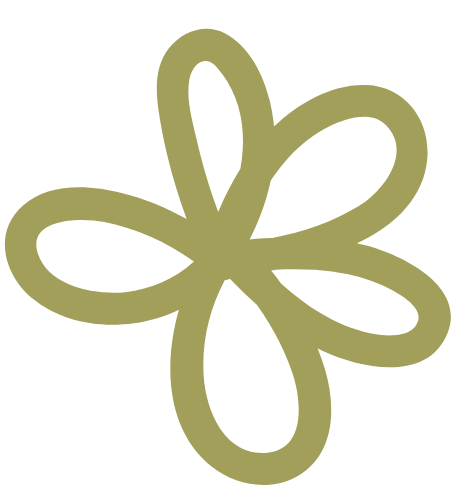 An olive green decorative flower shape with looping petals on a white background.