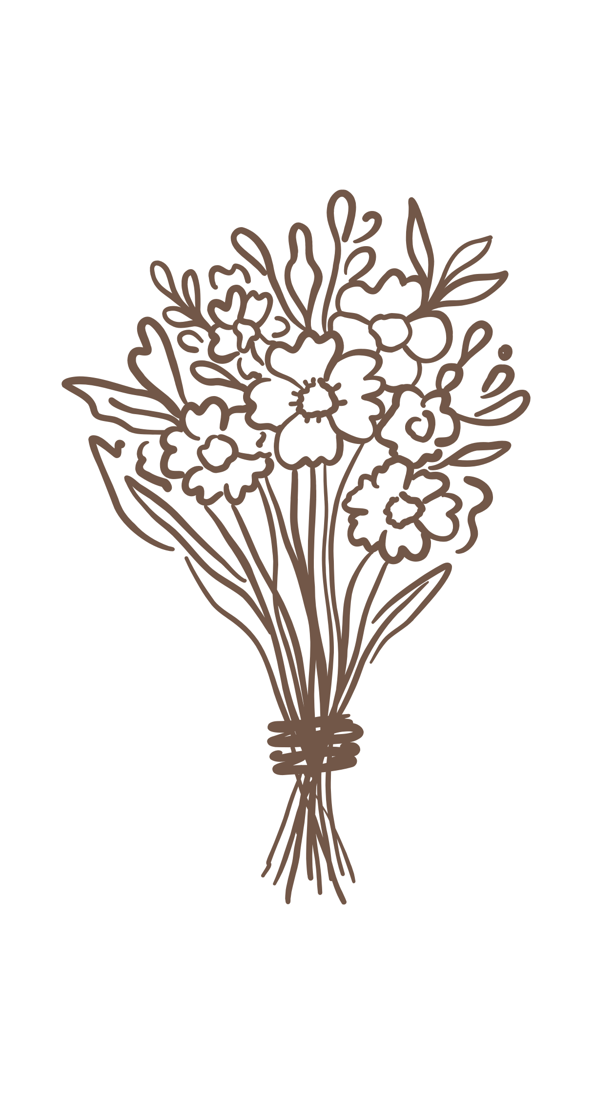 Minimalist brown line art illustration of a tied wildflower bouquet on a clean white background.