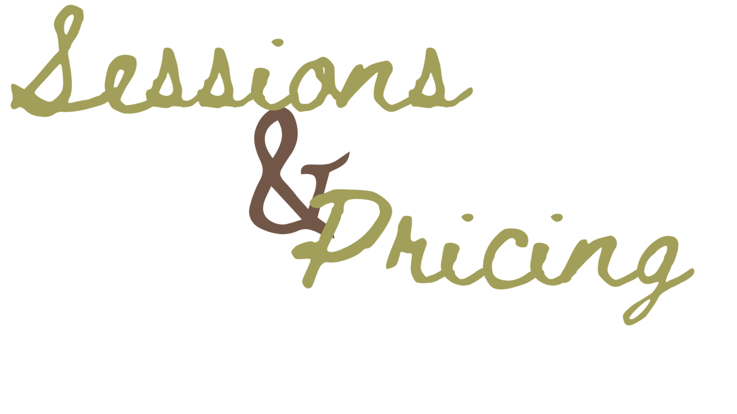 Decorative Sessions and Pricing text in cursive with olive green and brown color scheme.