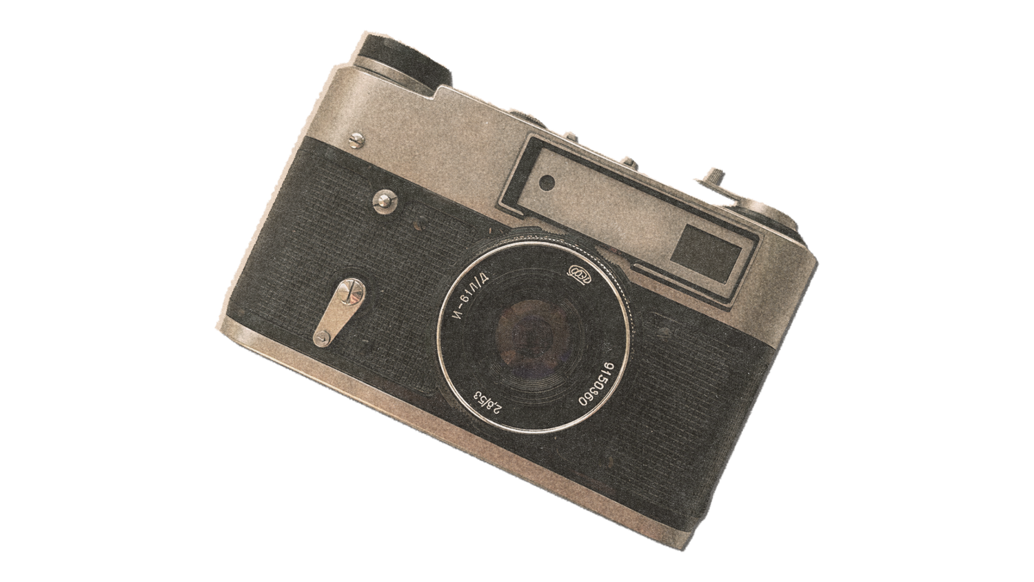 A vintage retro film rangefinder camera with black and silver body on a white background.