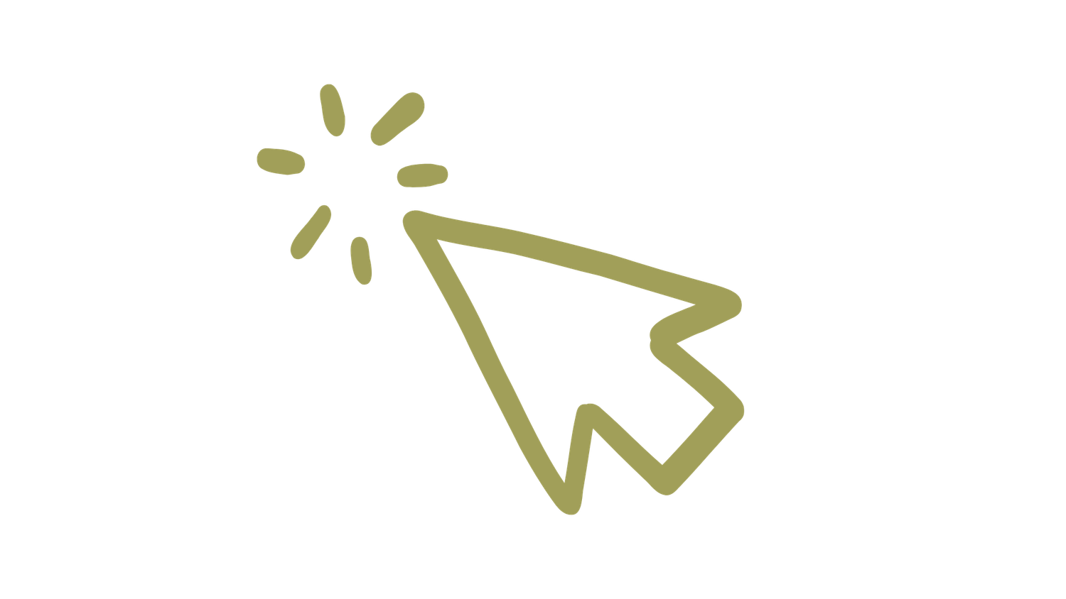 Olive green line art illustration of a computer cursor with sparkle effect on white background.