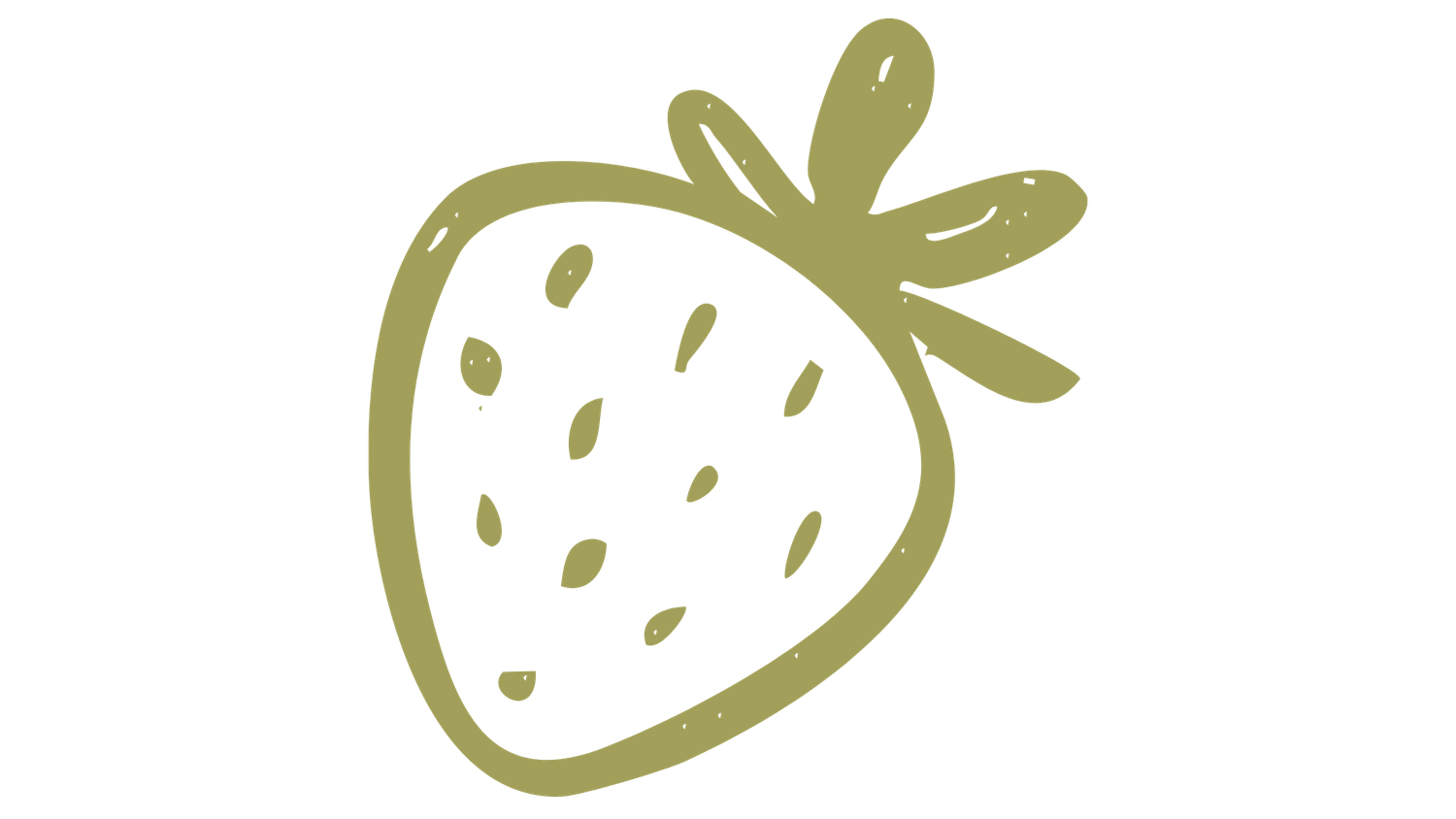An olive green hand-drawn illustration of a strawberry on a white background.