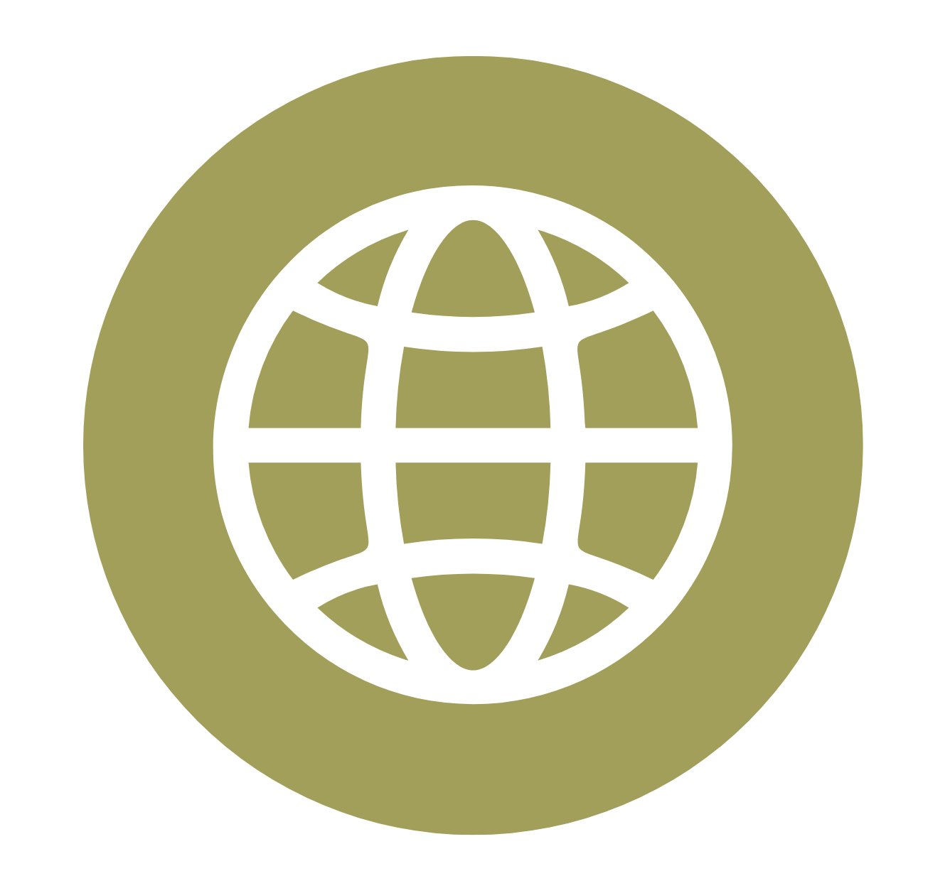 Olive green globe icon with white grid lines on a circular background for website link.