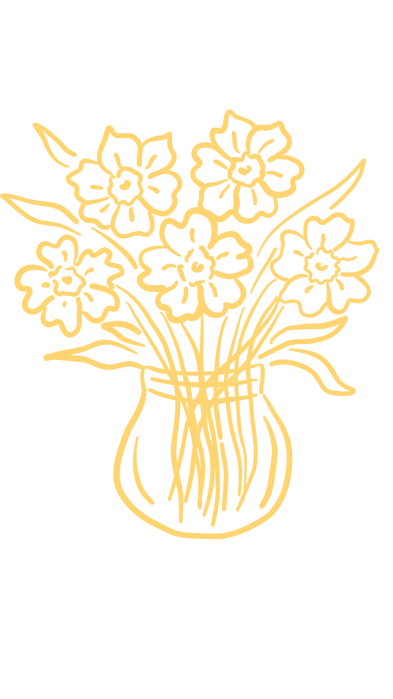 Simple yellow line art illustration of a bouquet of flowers in a round vase on white background.