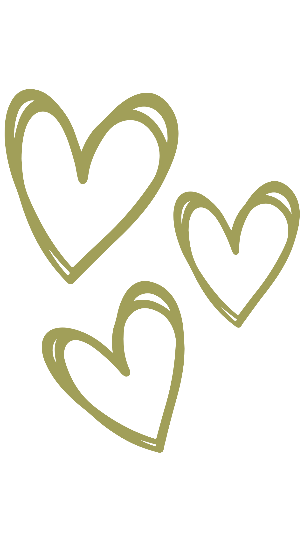 Three hand-drawn olive green hearts in a whimsical doodle style on a white background.