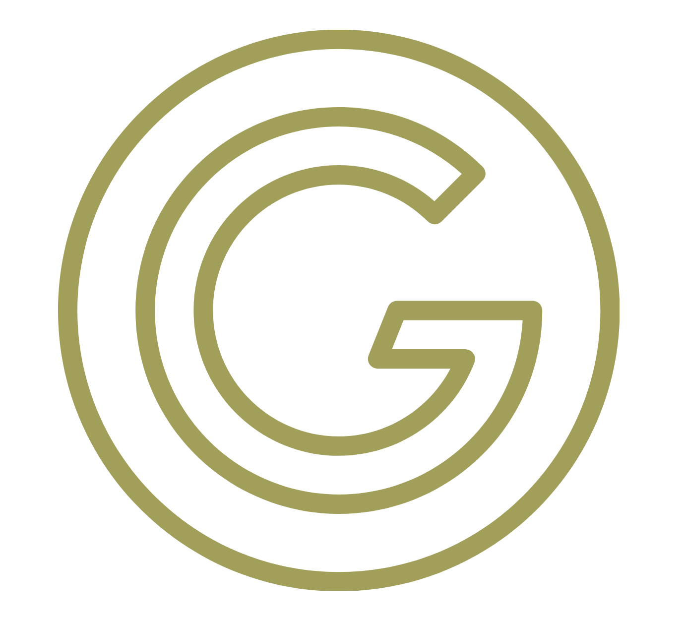 Minimalist olive green Google G logo inside a double circle outline.