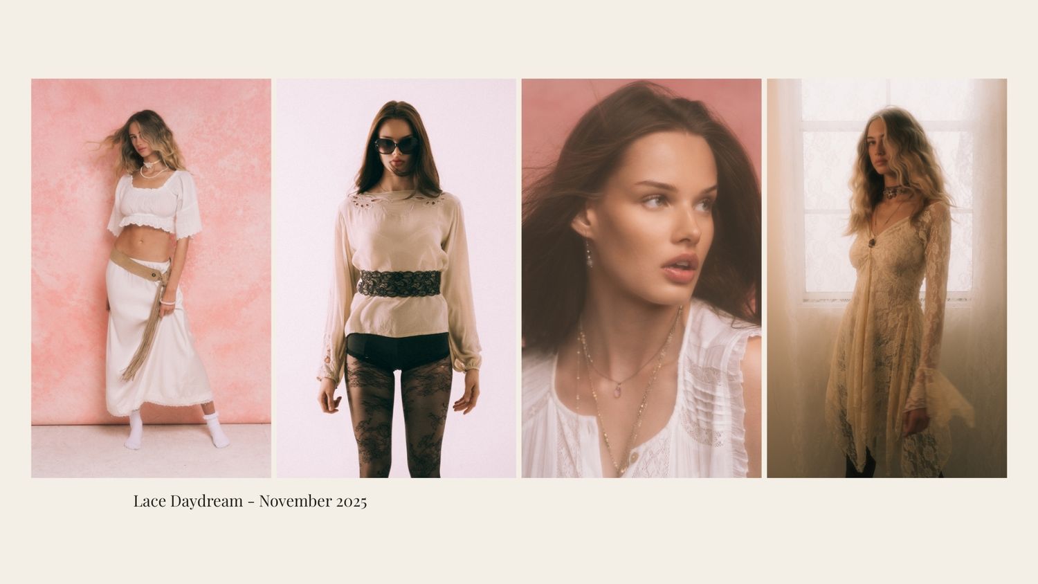 A fashion photography collage featuring four soft-toned portraits of a model in different casual outfits against neutral backgrounds.