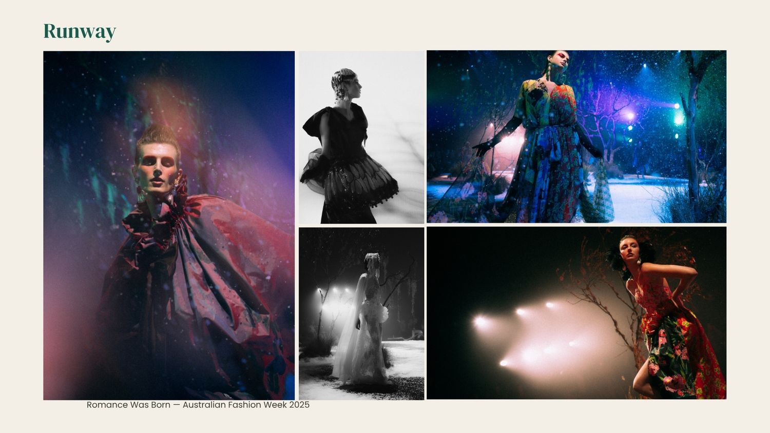 Models showcase avant-garde runway fashion in dramatic editorial photos from the Australian Fashion Week 2023 collection.