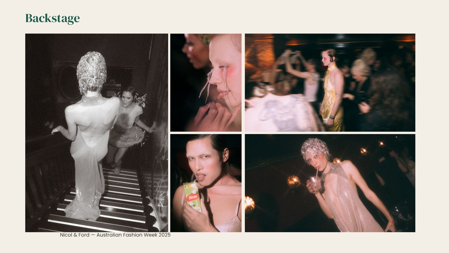 Backstage fashion week photos showing models and guests at a glamorous party with dramatic lighting and elegant attire.