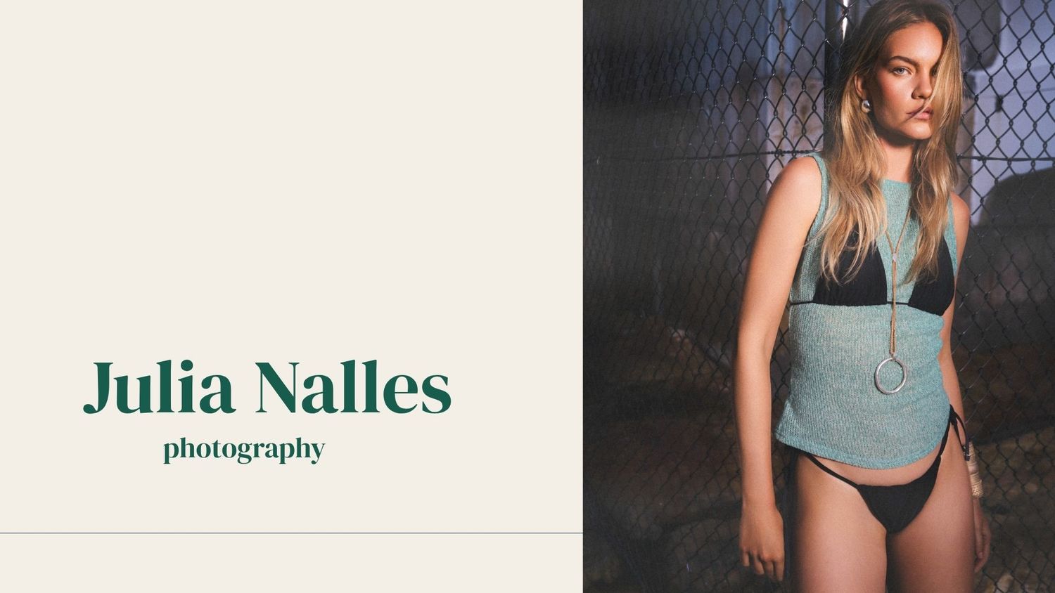 Julia Nalles photography portfolio showcasing a young blonde woman in a teal top and black bikini bottoms posed near a chain-link fence.