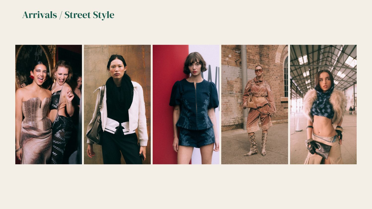 Five models showcase street style fashion looks ranging from satin corsets to casual denim shorts and layered outerwear.