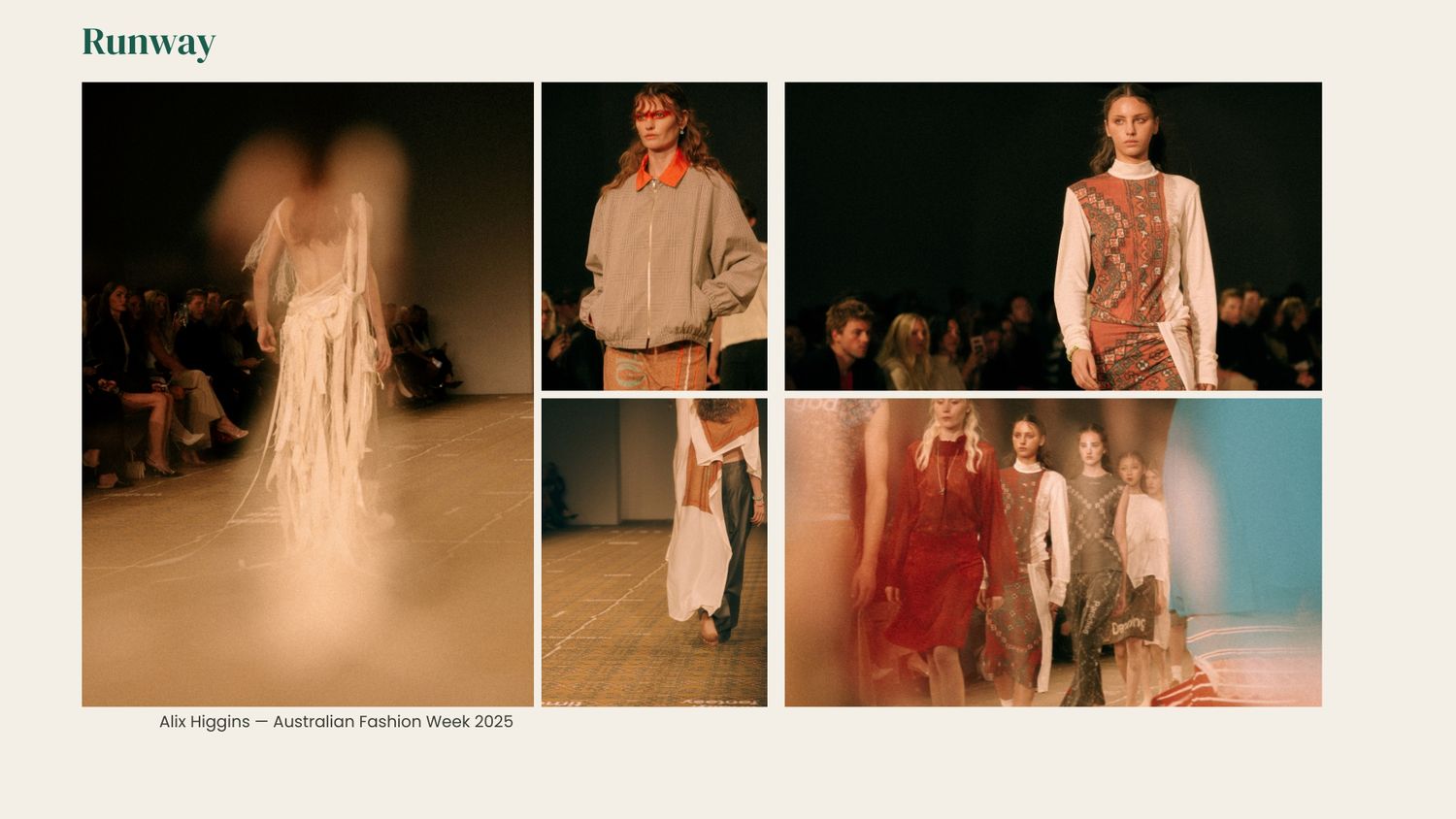 Models walk the Ale Vagine runway at Australian Fashion Week 2025 showcasing elegant and avant-garde designs.