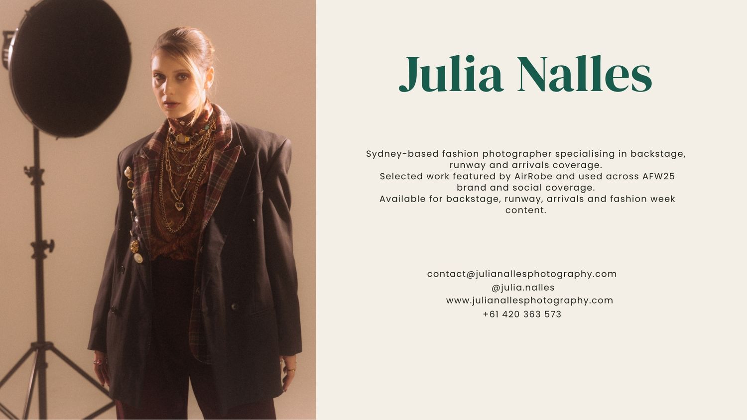 Julia Nalles Sydney-based fashion photographer portfolio card showcasing backstage, runway, and editorial coverage services.