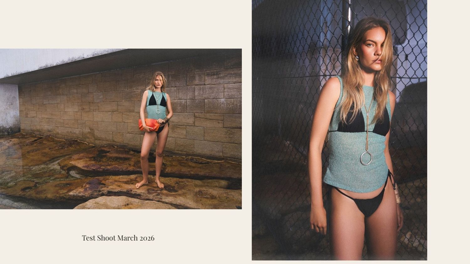 Model in bikini and light blue top poses outdoors near concrete wall in a fashion test shoot, March 2016.