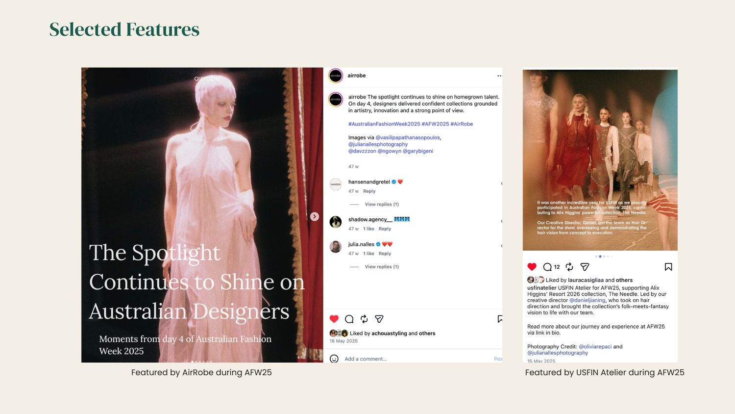 A fashion editorial collage featuring Australian designers spotlighted during AFWOS, with runway and social media highlights.