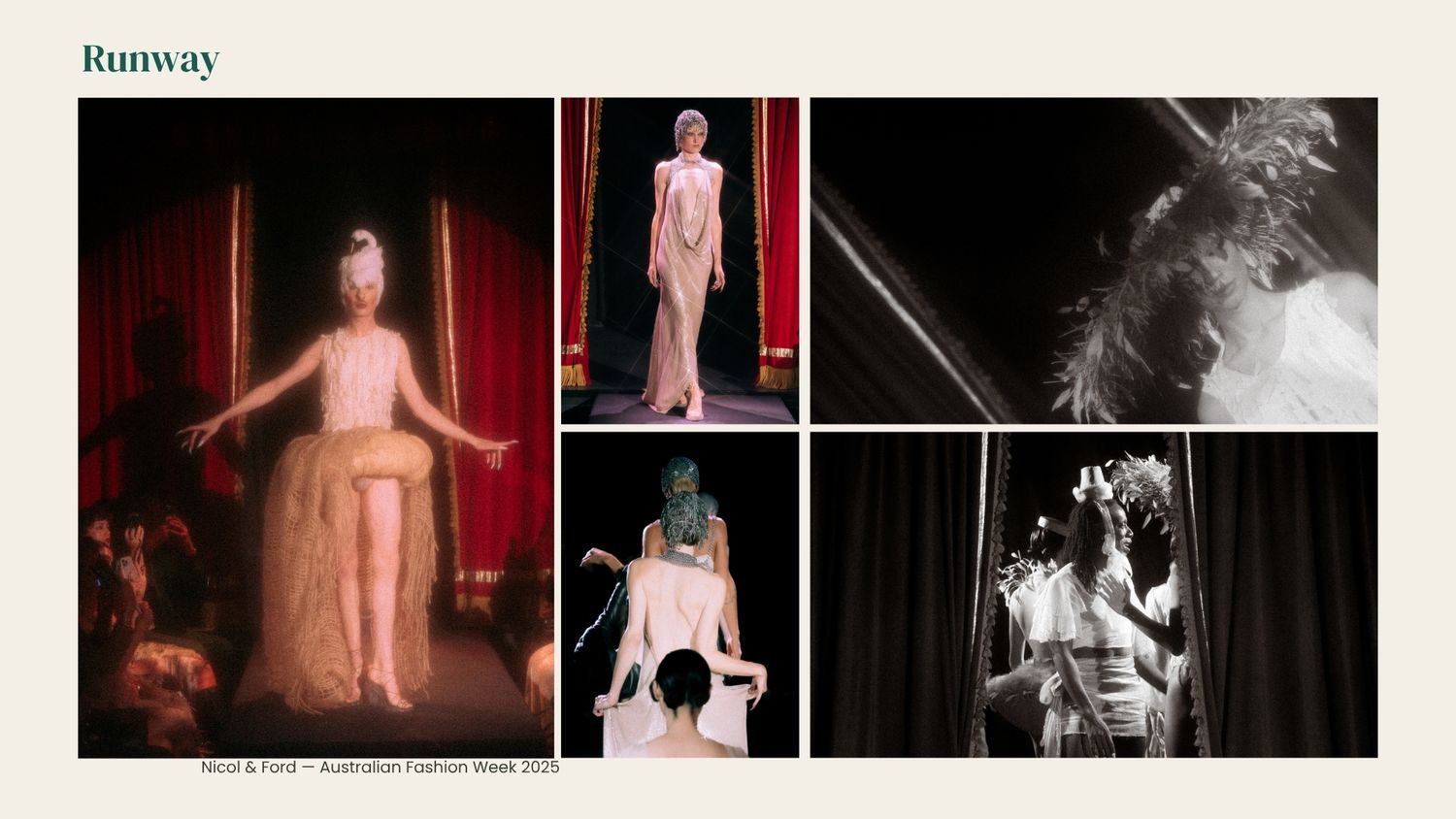 Models showcase avant-garde runway looks at Australian Fashion Week, featuring dramatic costumes and artistic stage performances.