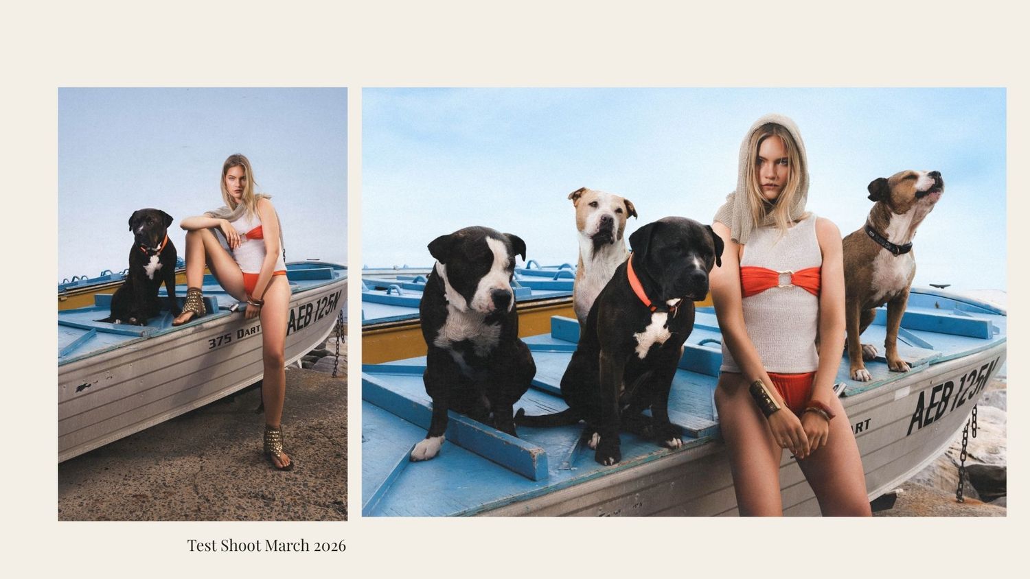 Woman in bikini posing with three dogs on a blue boat near the beach during a test shoot in March 2021.