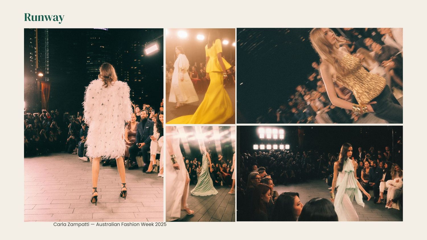 Models walk the runway at Australian Fashion Week 2020, showcasing bold designs in white feathers and vibrant yellow gowns.