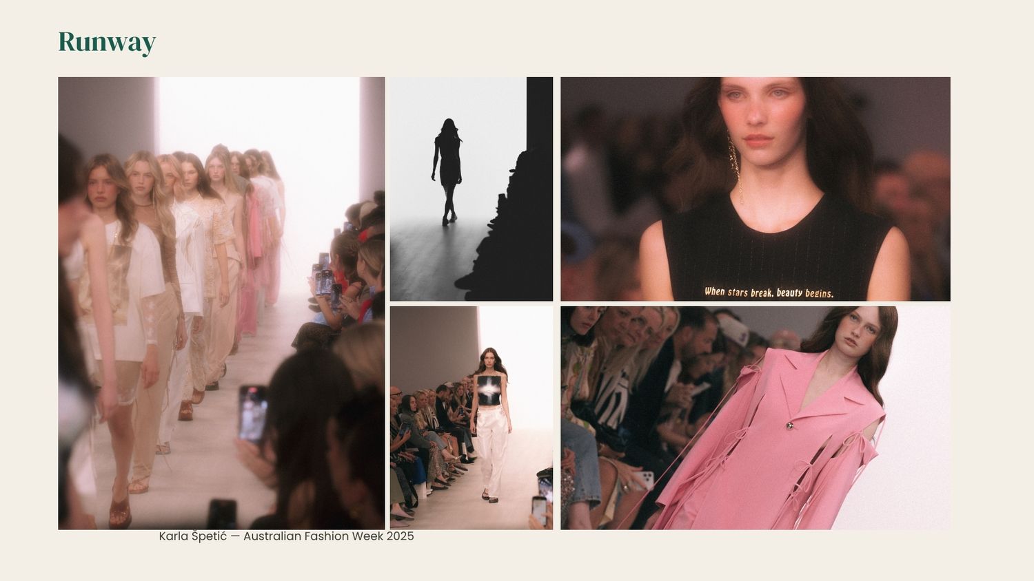 Models walk the runway at Australian Fashion Week in pink outfits, with close-up shots of fashion details and a silhouette pose.