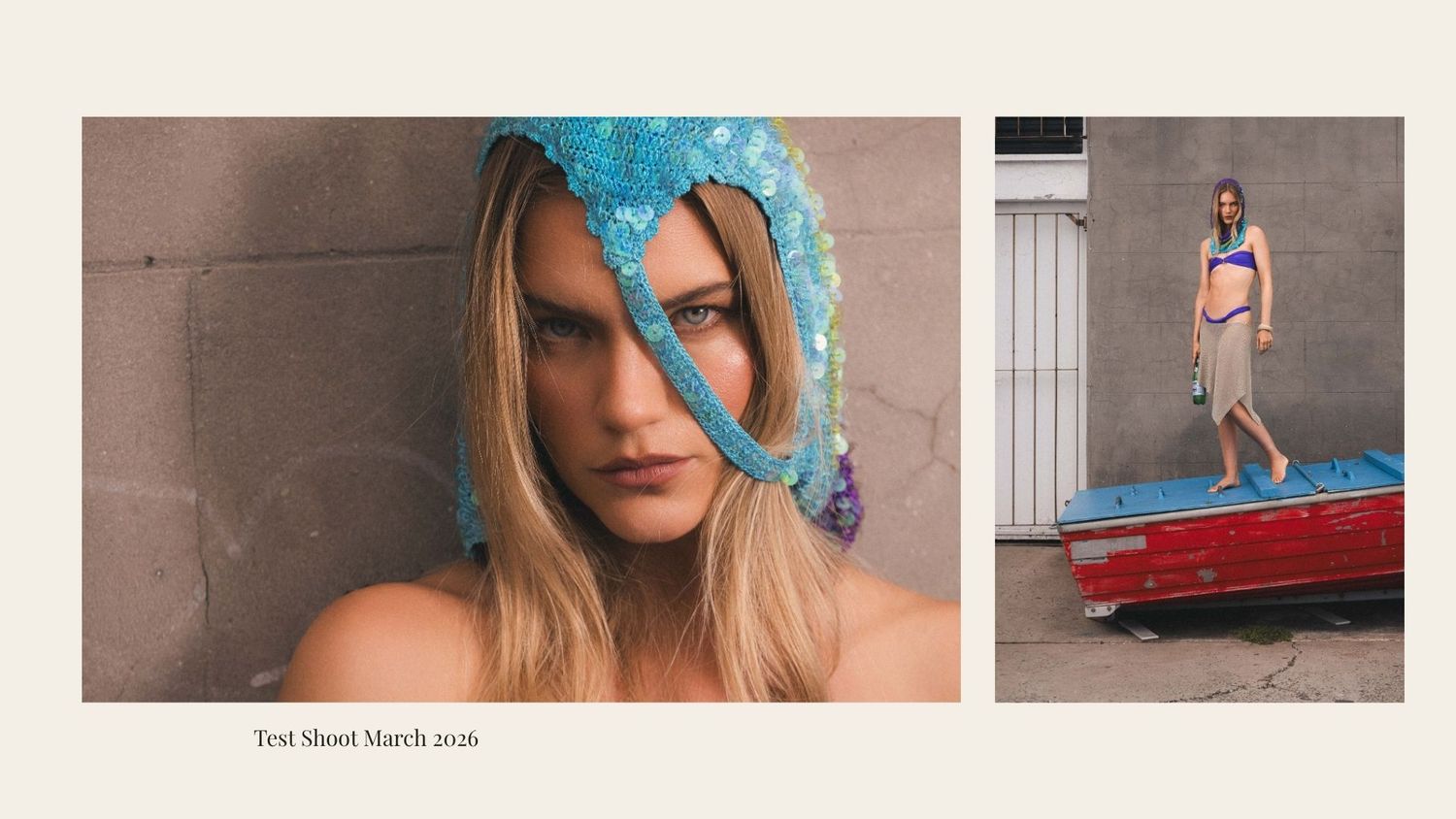 A blonde model wears a blue sequined hood in a close-up, beside a full-length shot in a gray skirt near a red boat.