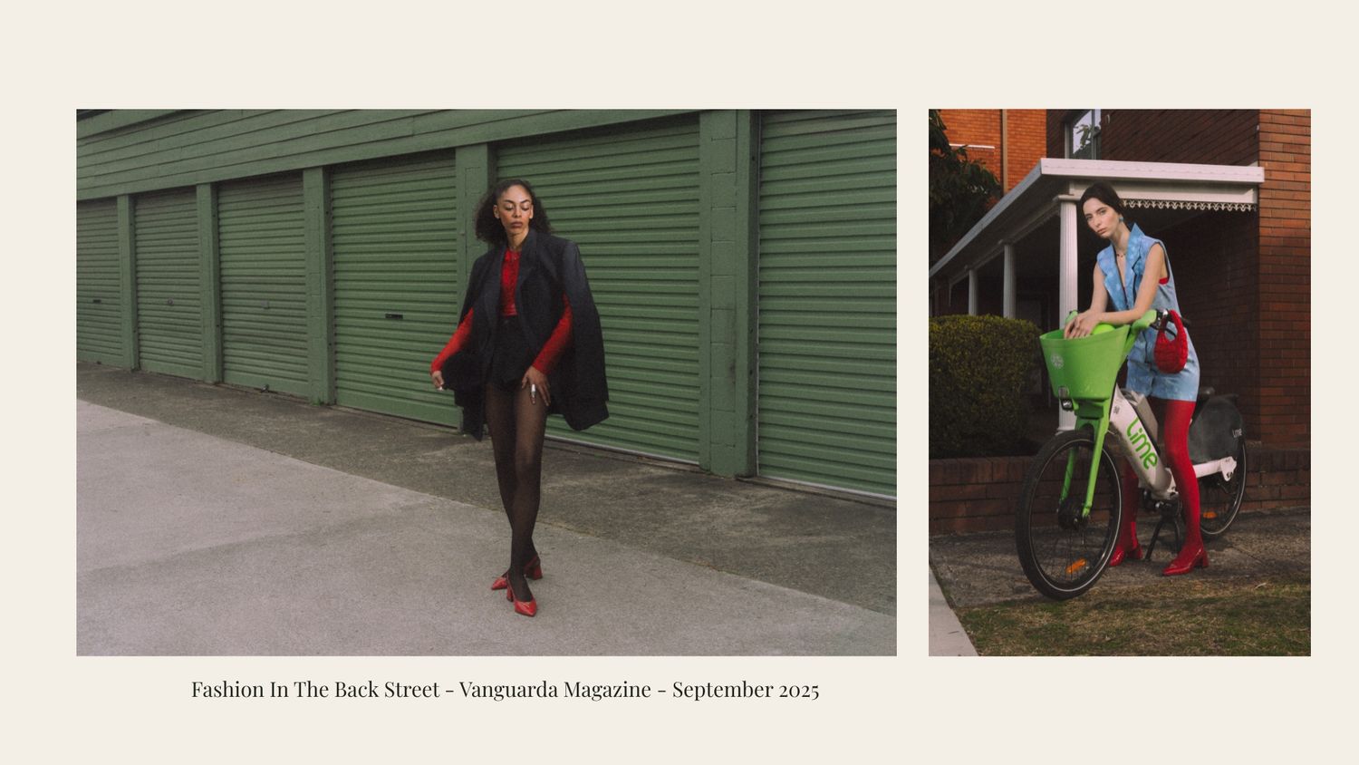 A person in a red poncho poses against green garage doors while another person rides a bike with shopping bags.