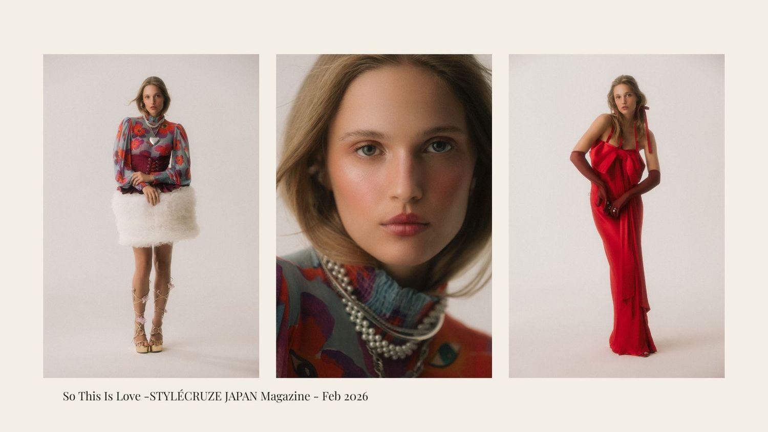 Fashion editorial triptych featuring models in elegant outfits, including a floral top, pearl necklace, and red gown.