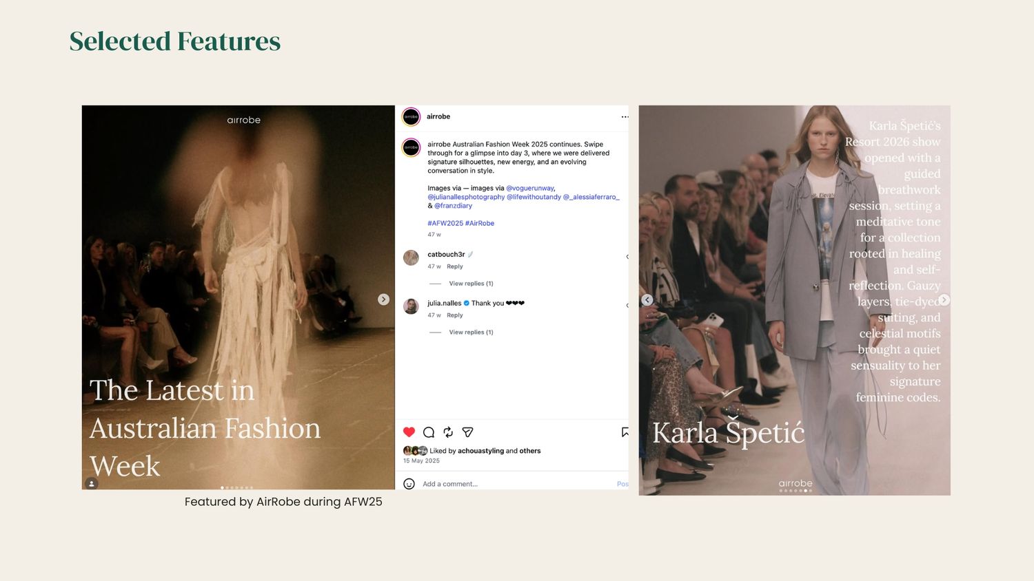 Selected fashion features showcasing Australian Fashion Week trends and designer Karla Spetic runway looks.
