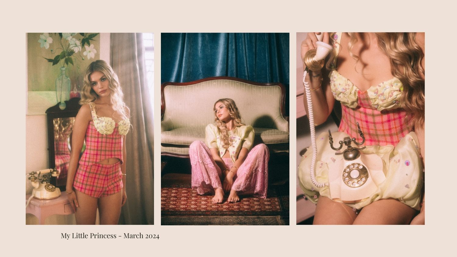 Three vintage-style boudoir photographs featuring red gingham pattern clothing and soft natural lighting.