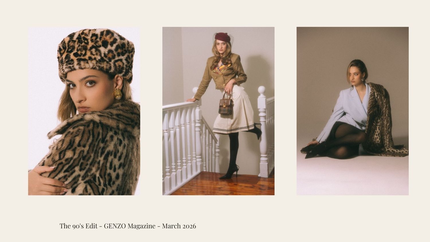 Three women model 90s-inspired leopard print fur coats and accessories in a vintage fashion editorial for GENIO Magazine.