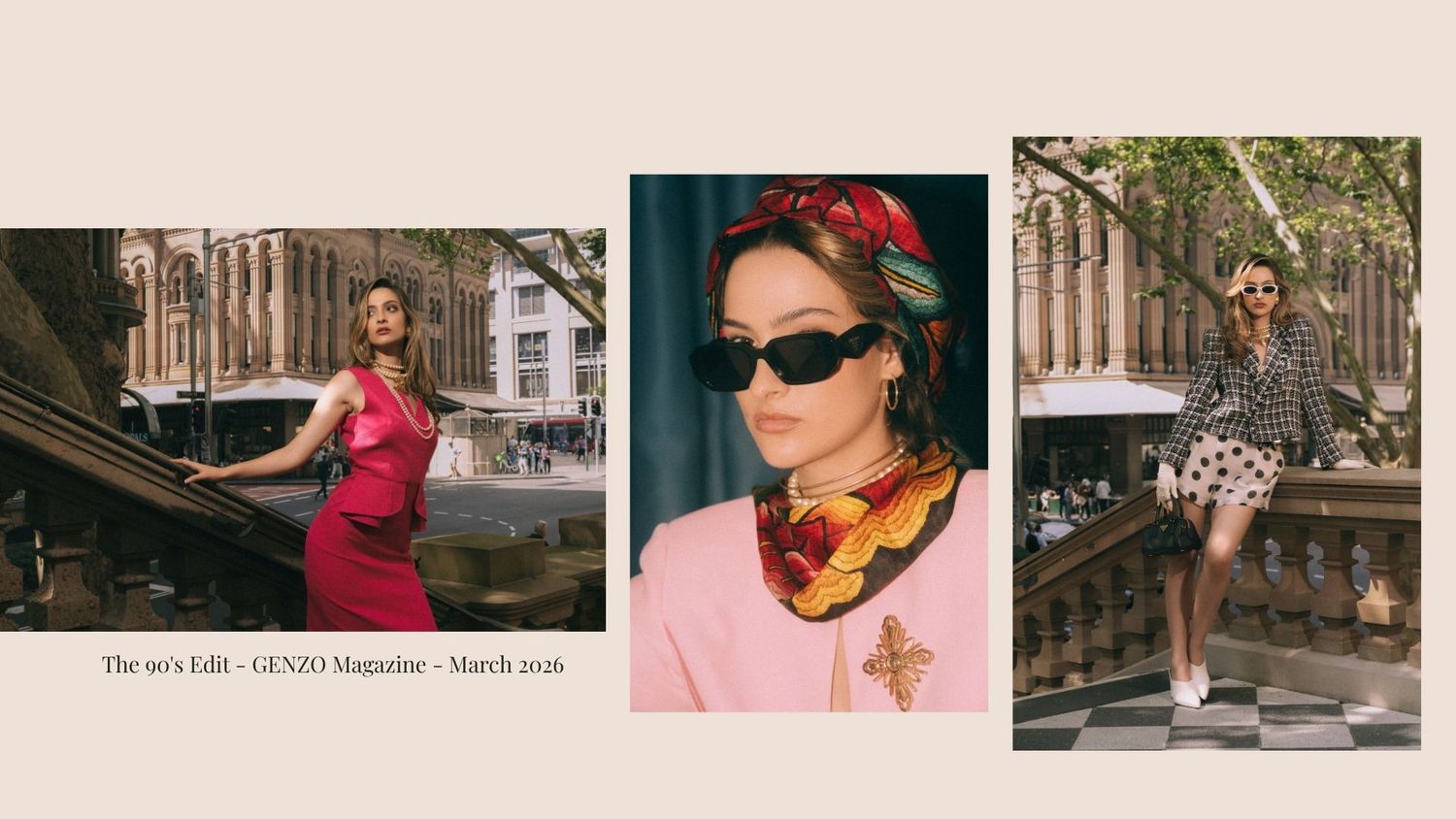 Three stylish women pose in chic 90s-inspired outfits for GENIO Magazine March 2026 fashion editorial.