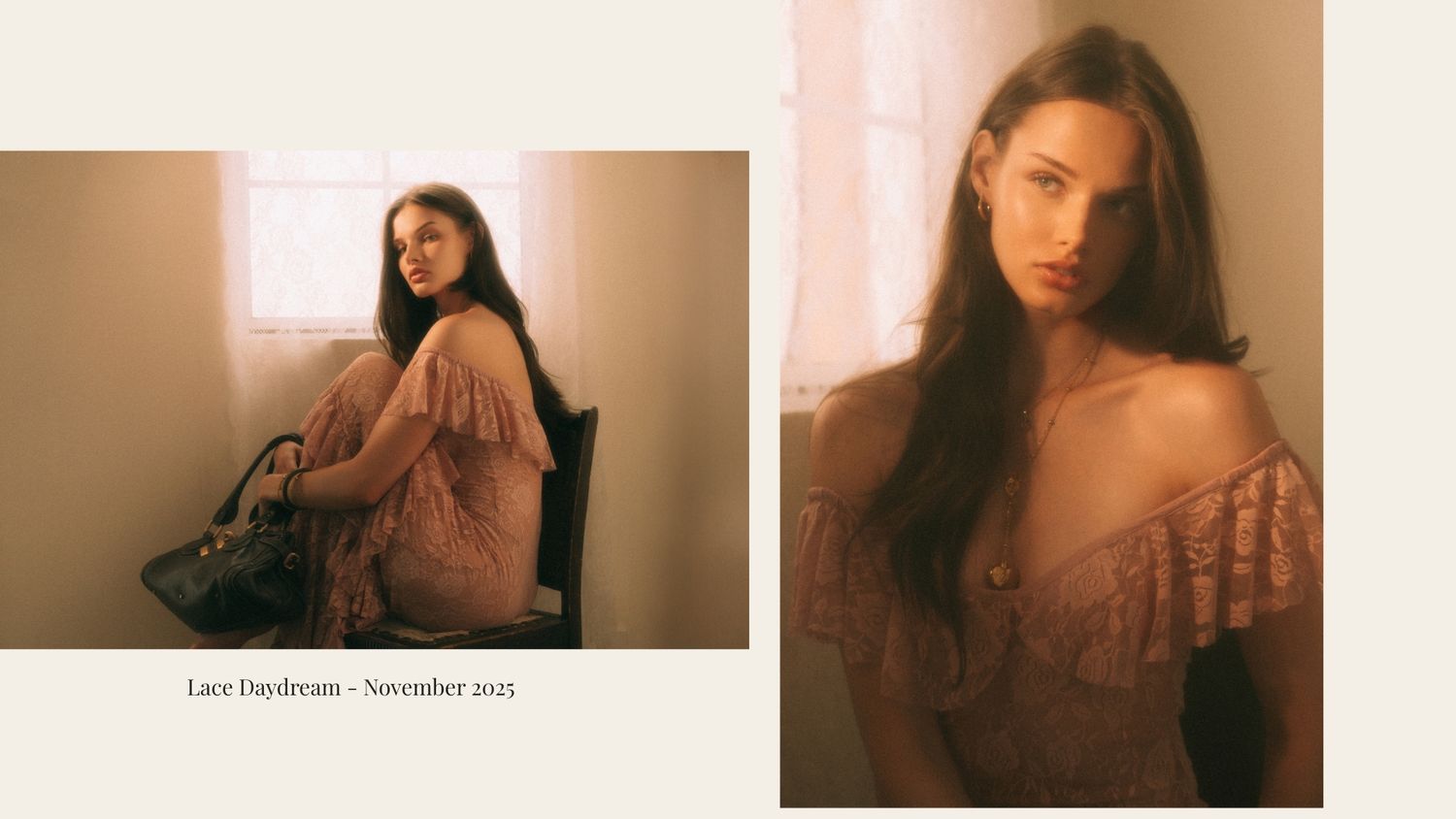 A dreamy vintage-style photo series featuring warm sepia tones and soft lighting effects.