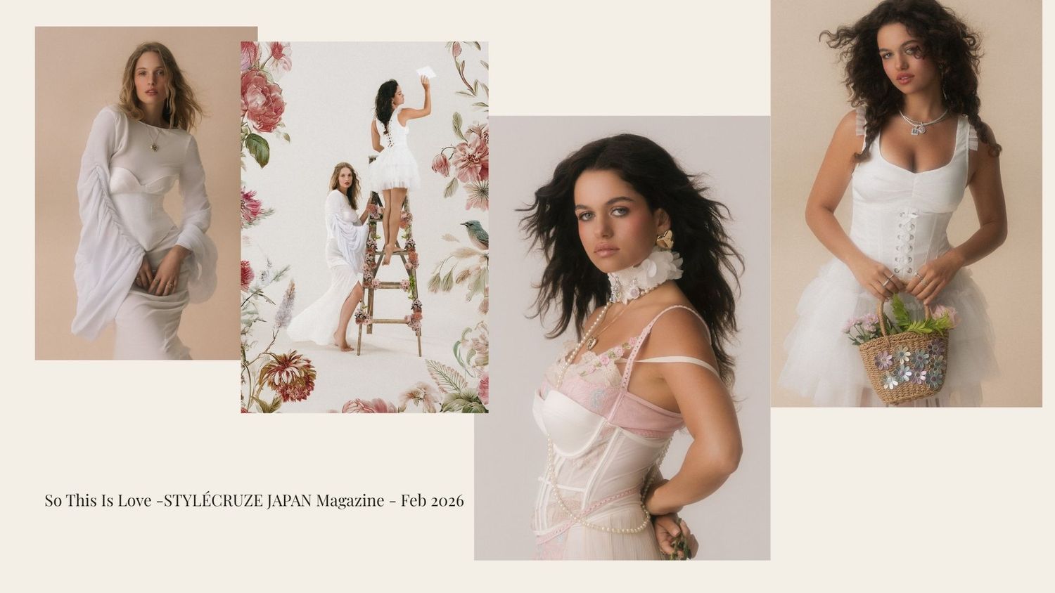 Elegant bridal editorial collage featuring a model in white lace and floral gowns for STYLECRAZE JAPAN Magazine Feb 2025.
