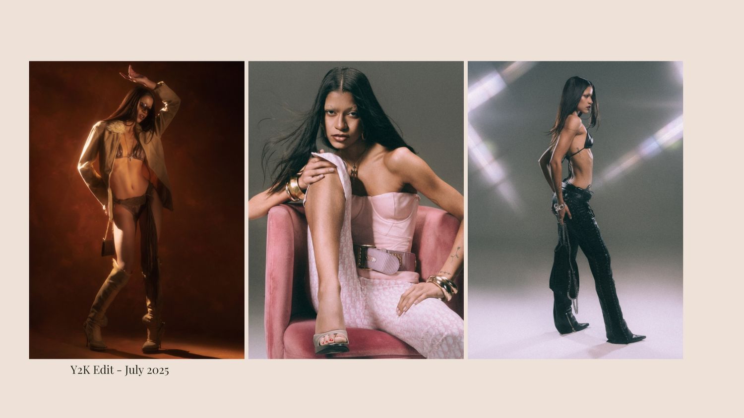 A series of artistic fashion photographs arranged in a horizontal strip showing models in various poses and outfits.