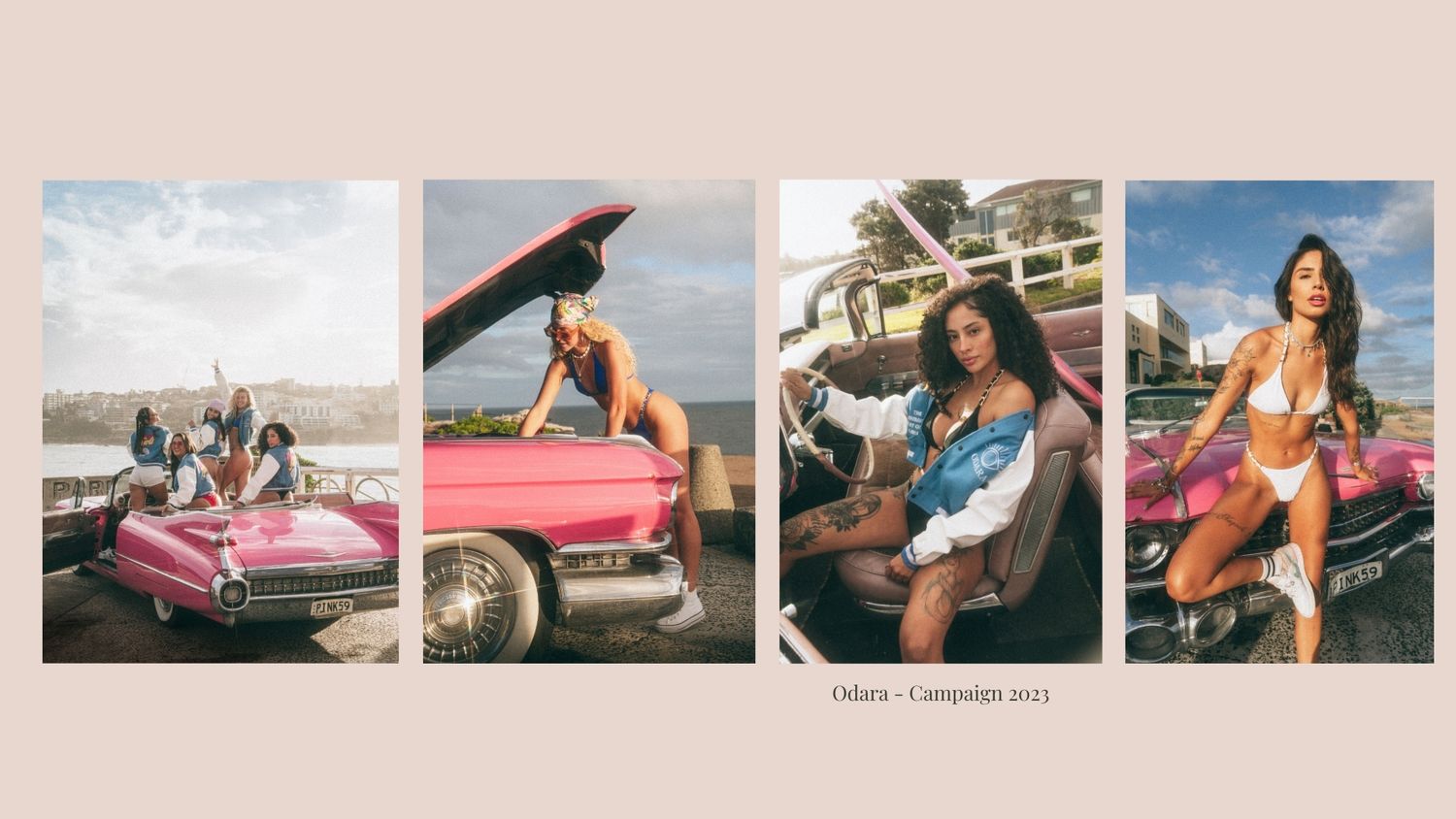 A collection of vintage car photoshoot images featuring classic automobiles and models in retro-styled scenes.