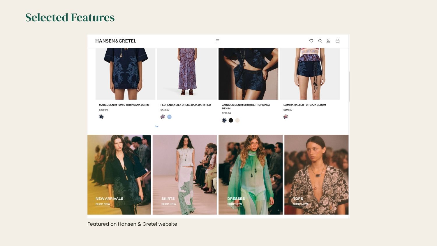Featured fashion collection on Harmen & Skakel website showcasing stylish clothing including shorts, dresses, and tops.