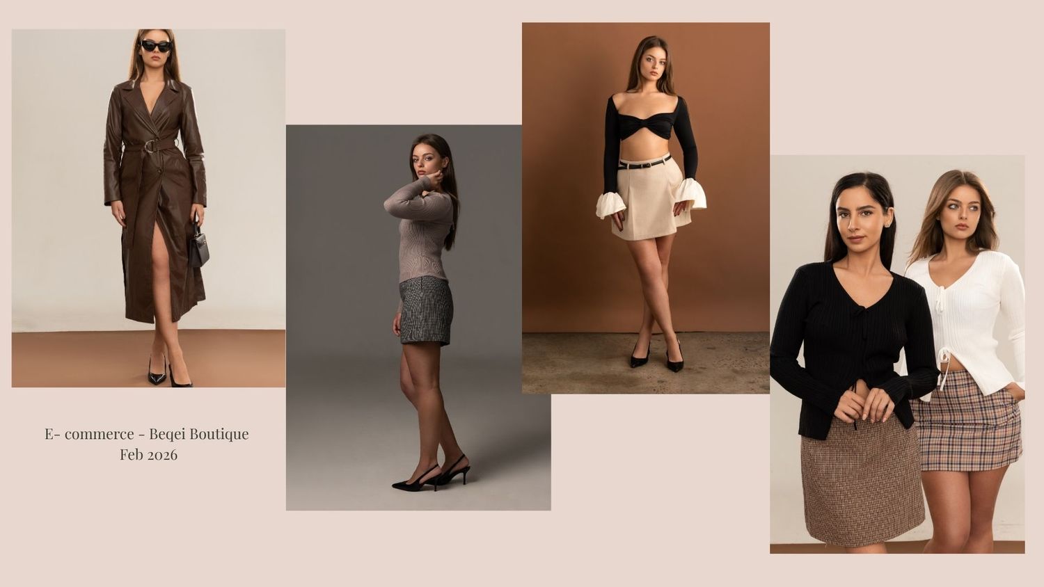 Collage of women modeling chic fall outfits including wrap dresses, mini skirts, and cropped tops in neutral tones.