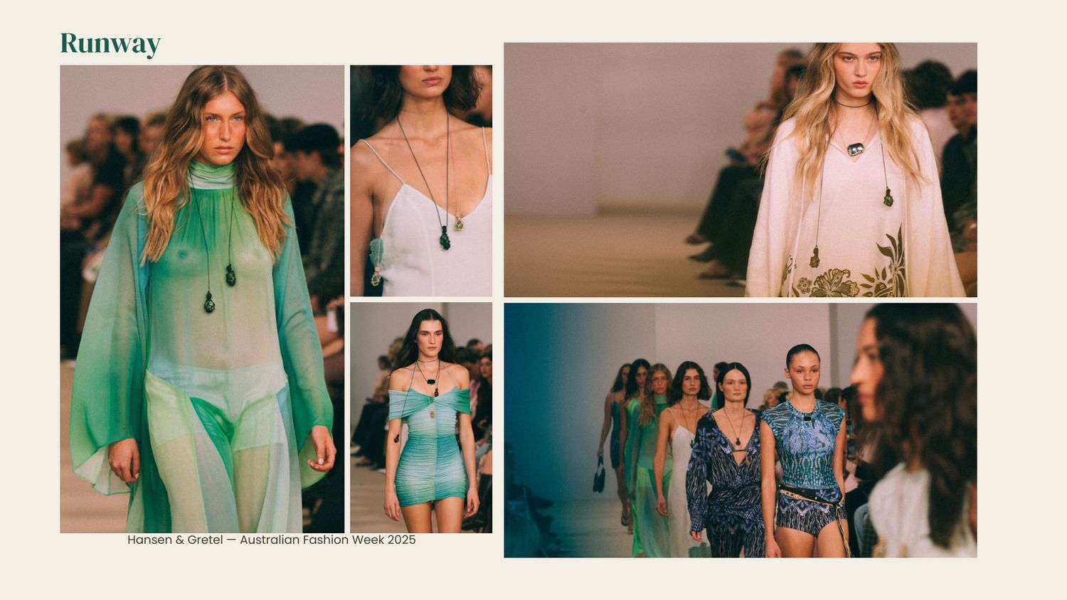 Models walk the runway in sheer green and blue ensembles at an Australian Fashion Week show by Hamish and Sonal.